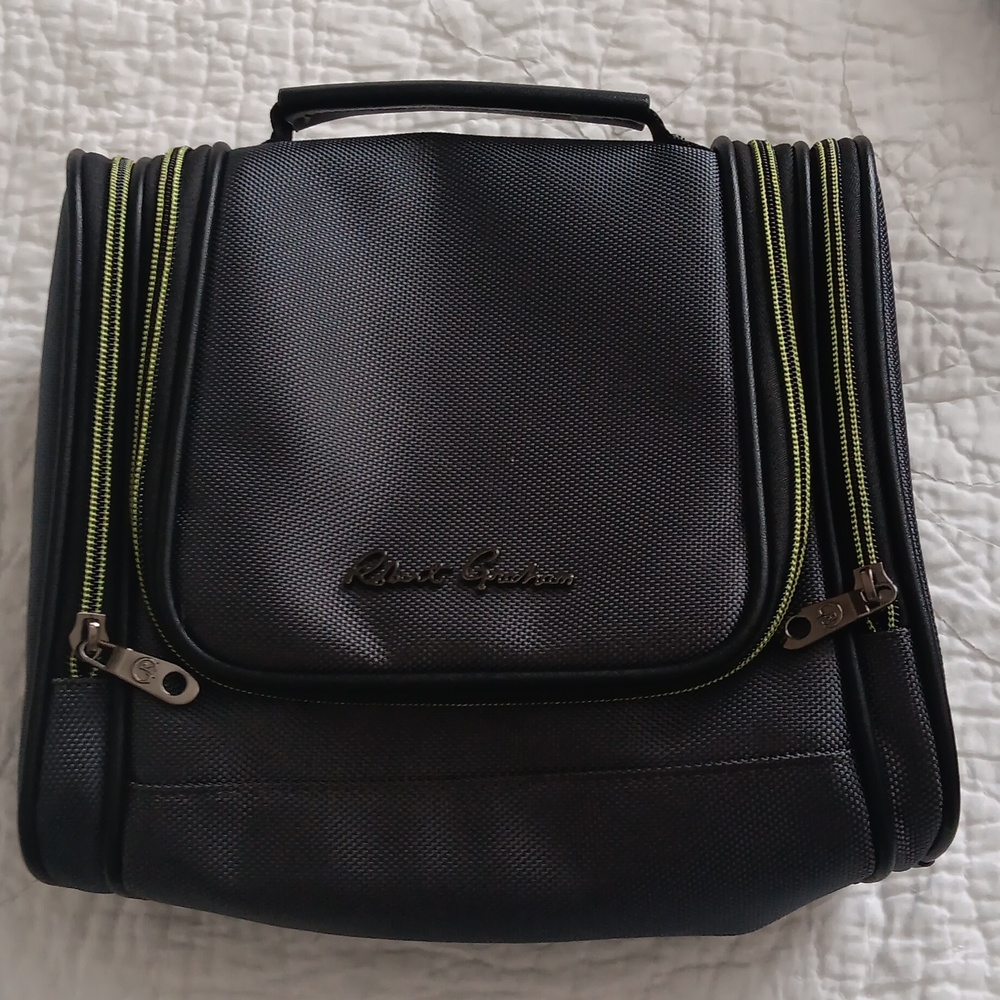 Robert Graham nylon hanging toiletries bag. Black with blue/green accents.